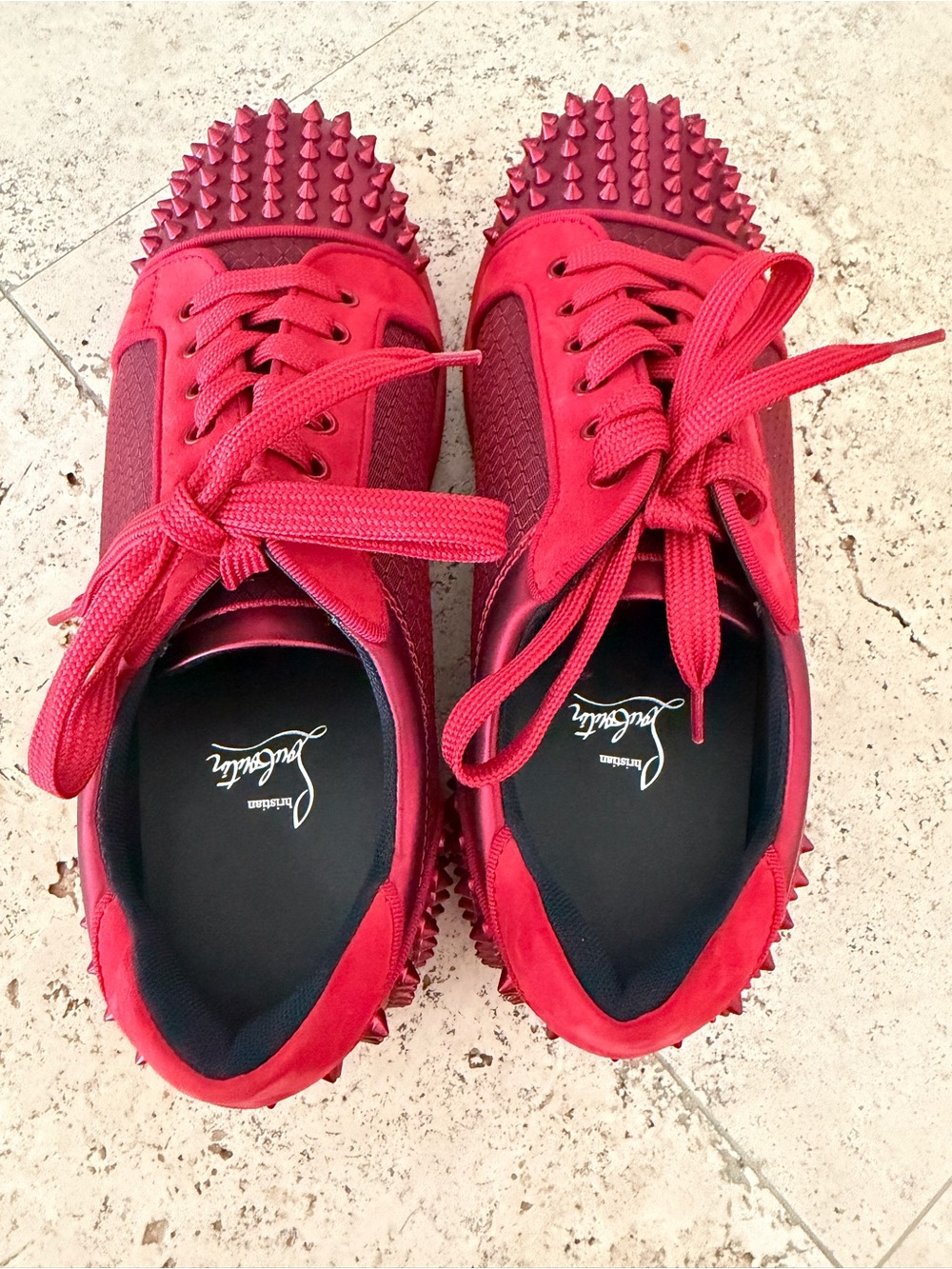 Christian Louboutin Men’s Red Spiked Low-Top Sneakers with Honeycomb Panels - Picture 5 of 7